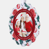 Kleurrijke kerst botanische bloemen foto-rood ornament kaart (Links)