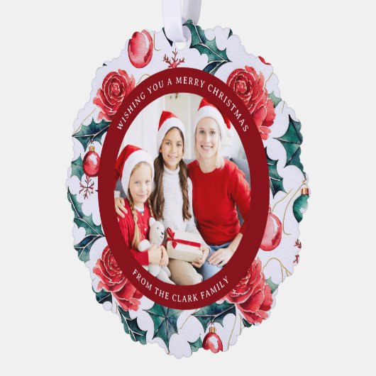 Kleurrijke kerst botanische bloemen foto-rood ornament kaart (Links)