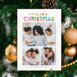 Kleurrijke Kerst Drie Fotocollage Feestdagenkaart<br><div class="desc">Deze leuke, heldere kerstvakantie fotokaart is voorzien van 3 fotosjablonen. Eenvoudige, moderne typografie leest "Vrolijk kerstfeest", met faux gouden folie en een kleurrijk, overlappend papierontwerp. De achterkant van de kaart bevat een bijpassend overlappend papieren kerstboomontwerp, dat een handgemaakte look heeft. Deze speelse kaart roept een gevoel van lach, liefde en...</div>