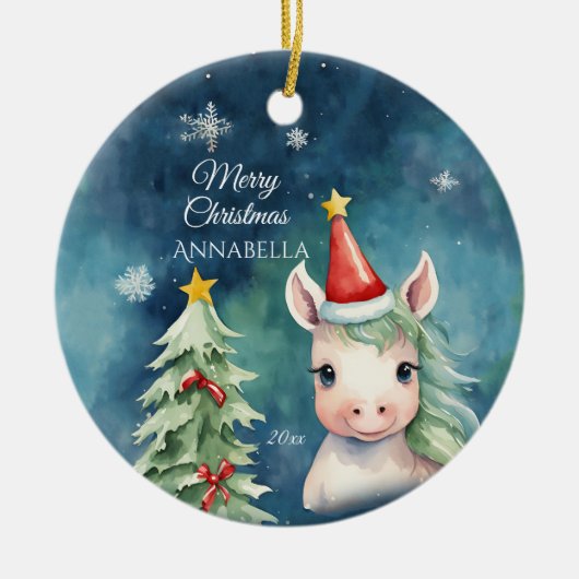 Kleurrijke Kerst Eenhoorn Gepersonaliseerd Keramisch Ornament (Voorkant)