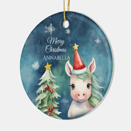 Kleurrijke Kerst Eenhoorn Gepersonaliseerd Keramisch Ornament (Links)