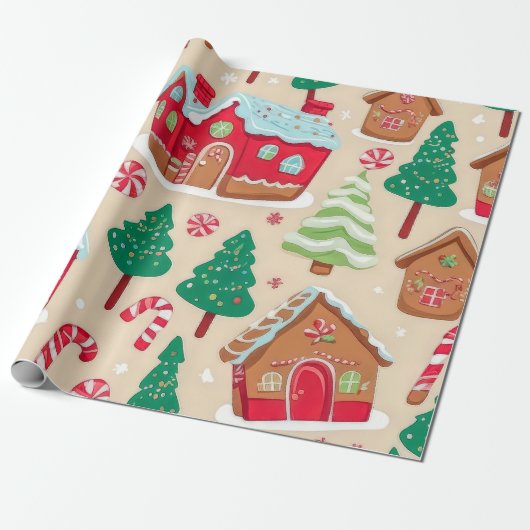 Kleurrijke Kerst Gingerbread Houses Tree Pattern Cadeaupapier (Uitgerold)