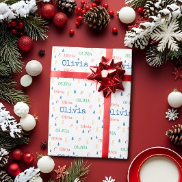 Kleurrijke Kerst Herhalende Naam Persoonlijk Cadeaupapier