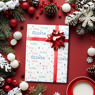 Kleurrijke Kerst Herhalende Naam Persoonlijk Cadeaupapier