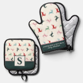 Kleurrijke kerst rendieren monogram ovenwant & pannenlap set (Voorkant / Achterkant)