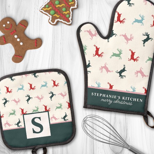 Kleurrijke kerst rendieren monogram ovenwant & pannenlap set