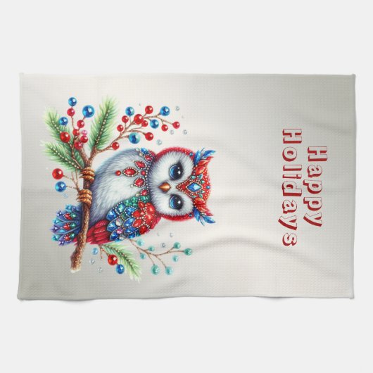 Kleurrijke Kerst Uil Vakantie Keuken Handdoek (Horizontaal)