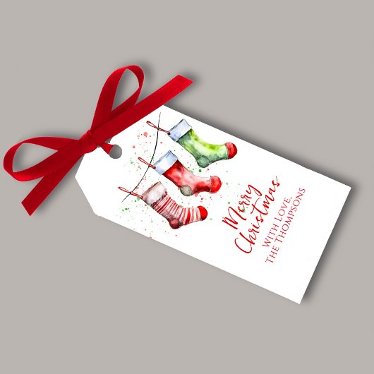 Kleurrijke Kerst Waterverf Kous Custom Cadeaulabel