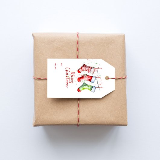 Kleurrijke Kerst Waterverf Kous Naar en Van Cadeaulabel