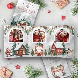 Kleurrijke Kerst Wonderland Boogfoto van Schattige Drieluik Wenskaart