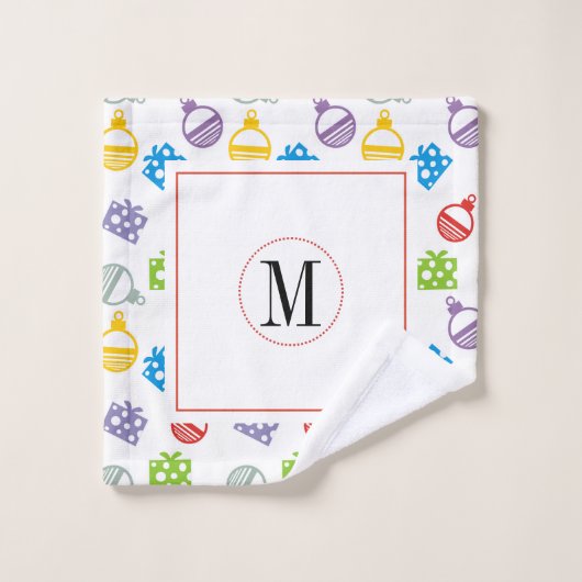 Kleurrijke kerstballen en cadeautjes monogram bad handdoek (Wasdoekje)