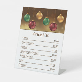 Kleurrijke kerstballen prijslijst reclamebord met voetstuk