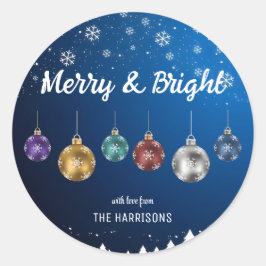 Kleurrijke kerstballen Sneeuwvlokken Blauw Ronde Sticker