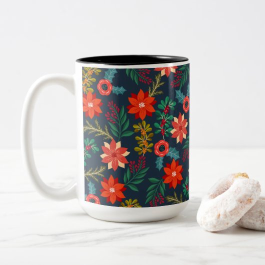 Kleurrijke kerstbloem tweekleurige koffiemok (Met donut)
