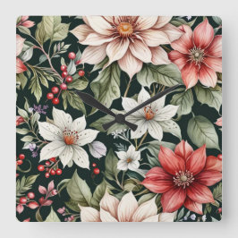 Kleurrijke kerstbloemen Elegant zwart Vierkante Klok