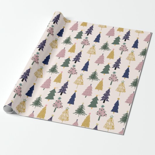 Kleurrijke kerstbomen. feestelijk cadeaupapier (Uitgerold)