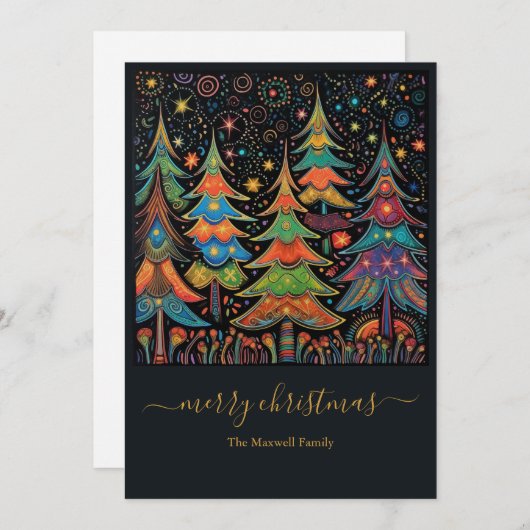 Kleurrijke kerstbomen naam feestdagenkaart (Voorkant / Achterkant)