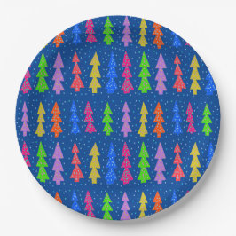 Kleurrijke kerstbomen op blauw papieren bordje