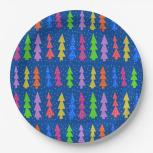 Kleurrijke kerstbomen op blauw papieren bordje