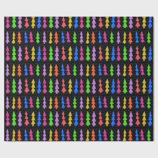 Kleurrijke kerstbomen op zwart cadeaupapier (Vlak)