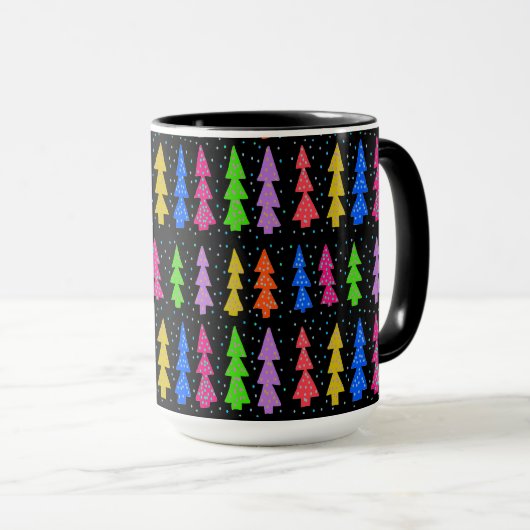 Kleurrijke kerstbomen op zwart mok (Voorkant rechts)