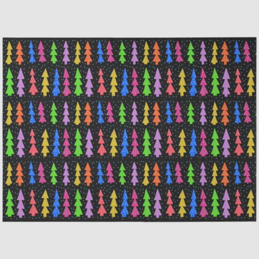 Kleurrijke kerstbomen op zwart tissuepapier (Voorkant)