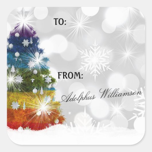 Kleurrijke kerstboom cadeau label (Voorkant)