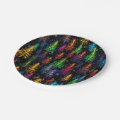 Kleurrijke kerstboom gloeit in donker bos papieren bordje (Gekanteld)