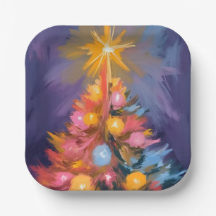 Kleurrijke Kerstboom Lichtjes Waterverf Papieren Bordje