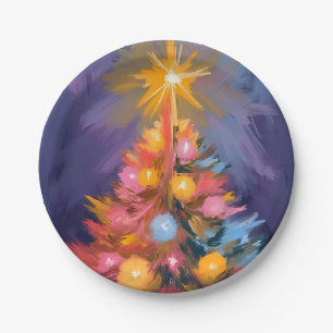 Kleurrijke Kerstboom Lichtjes Waterverf Papieren Bordje