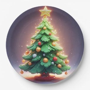 Kleurrijke kerstboom versierd met lichten papieren bordje