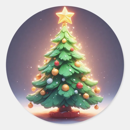 Kleurrijke kerstboom versierd met lichtjes ronde sticker (Voorkant)