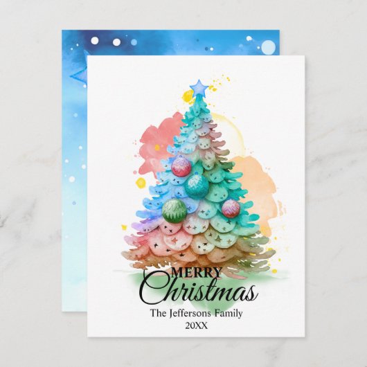 Kleurrijke kerstboom voor Waterverf Feestdagenkaart (Voorkant / Achterkant)