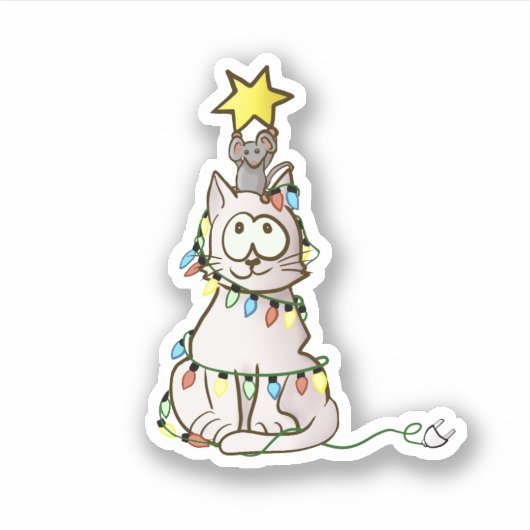 Kleurrijke kerstboomkat en muis met kerstmis sticker (Voorkant)