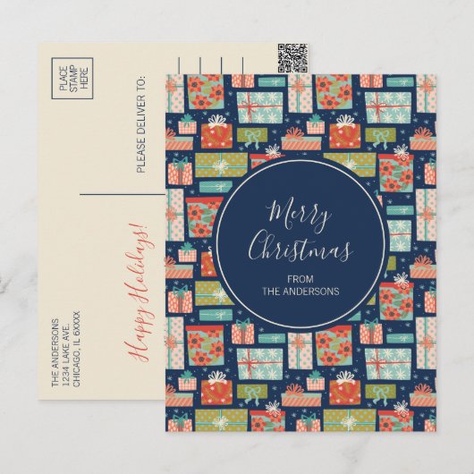 Kleurrijke kerstcadeaudoos voor Retro Feestdagenkaart (Voorkant / Achterkant)