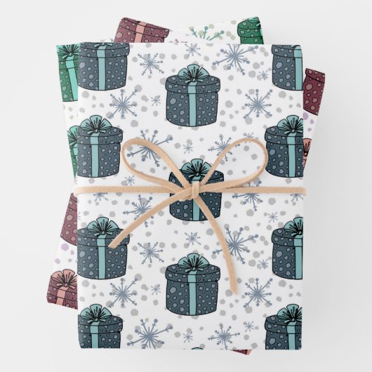 Kleurrijke kerstcadeaudozen inpakpapier vel (In situ)