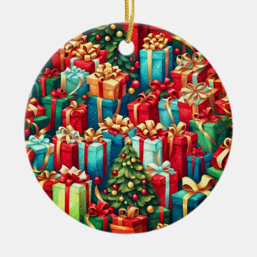 Kleurrijke kerstcadeaus, vakantiestamboom patroon keramisch ornament (Voorkant)