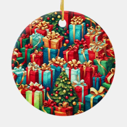 Kleurrijke kerstcadeaus, vakantiestamboom patroon keramisch ornament (Achterkant)