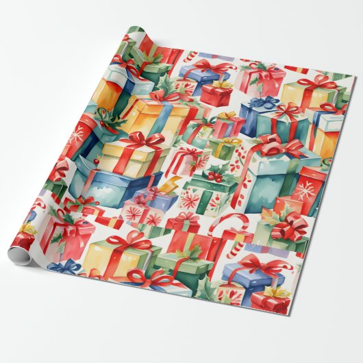 Kleurrijke kerstcadeaus Waterverf Patroon Cadeaupapier (Uitgerold)