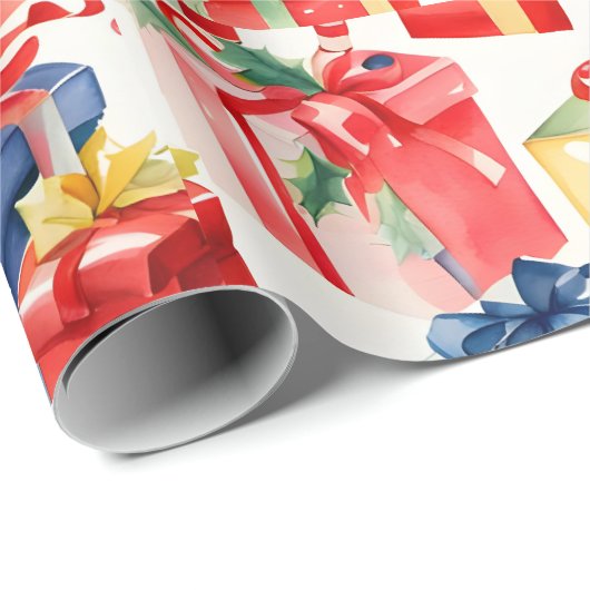 Kleurrijke kerstcadeaus Waterverf Patroon Cadeaupapier (Rol Hoek)