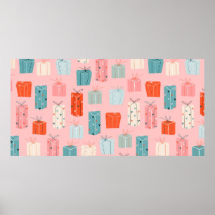 Kleurrijke kerstcadeautjes op een roze achtergrond poster