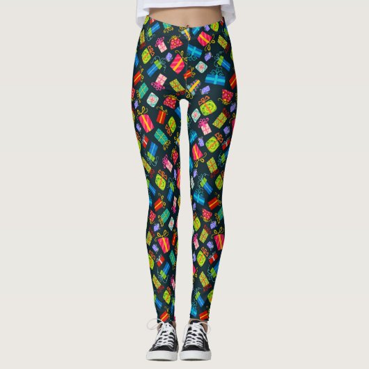 Kleurrijke kerstcadeautjes op zwart leggings (Voorkant)