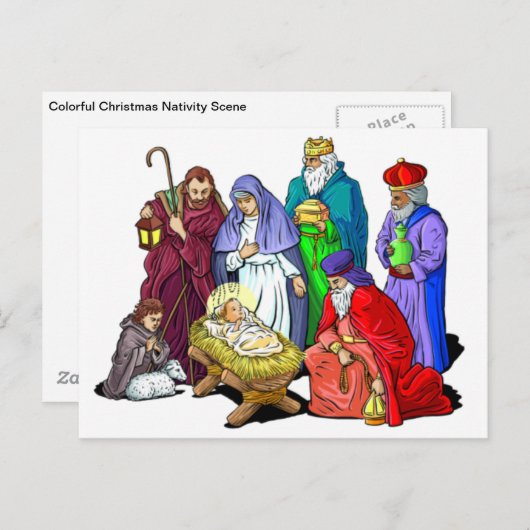 Kleurrijke kerstfeestscène feestdagenkaart (Voorkant / Achterkant)