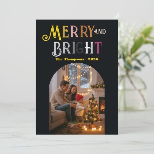 Kleurrijke Kerstfoto Merry & Bright Feestdagenkaart (Staand voorkant)