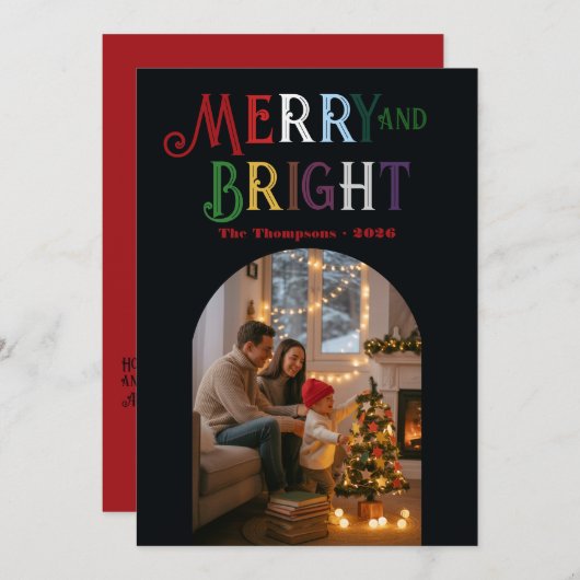 Kleurrijke Kerstfoto Merry & Bright Feestdagenkaart (Voorkant / Achterkant)
