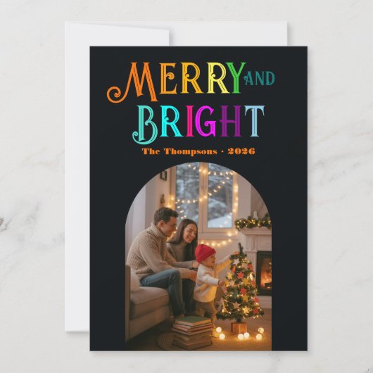 Kleurrijke Kerstfoto Merry & Bright Feestdagenkaart (Voorkant)