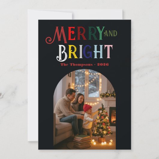 Kleurrijke Kerstfoto Merry & Bright Feestdagenkaart (Voorkant)