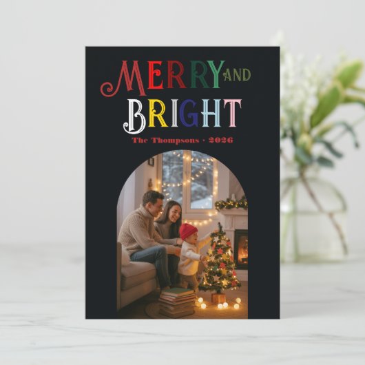 Kleurrijke Kerstfoto Merry & Bright Feestdagenkaart (Staand voorkant)