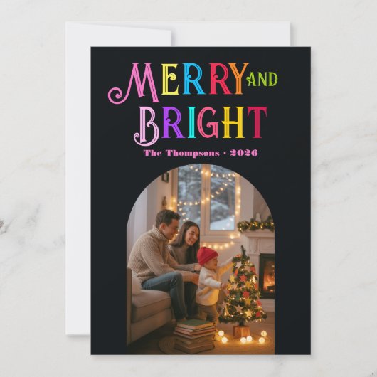 Kleurrijke Kerstfoto 'Merry & Bright' Feestdagenkaart (Voorkant)