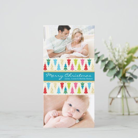 KLEURRIJKE KERSTFOTOKAART :: gedessineerdekerstboo Feestdagenkaart (Staand voorkant)